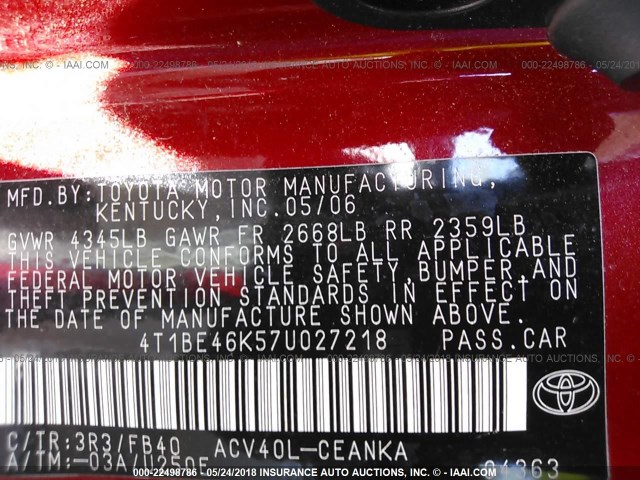 4T1BE46K57U027218 - 2007 TOYOTA CAMRY NEW GENERAT CE/LE/XLE/SE RED photo 9