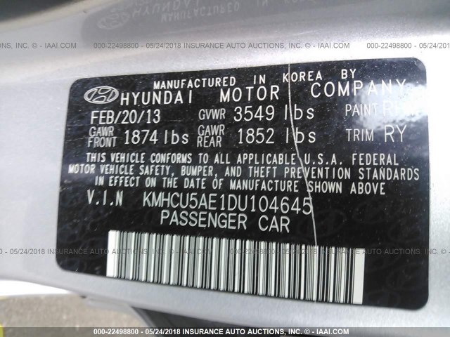 KMHCU5AE1DU104645 - 2013 HYUNDAI ACCENT GLS/SE SILVER photo 9