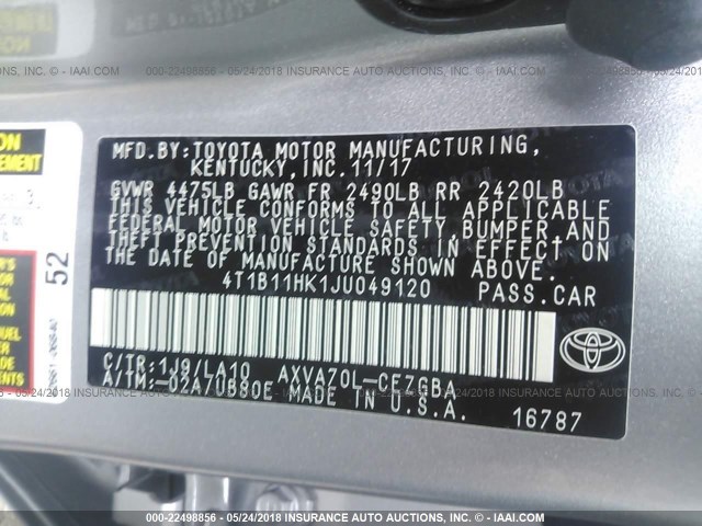 4T1B11HK1JU049120 - 2018 TOYOTA CAMRY L/LE/XLE/SE/XSE SILVER photo 9