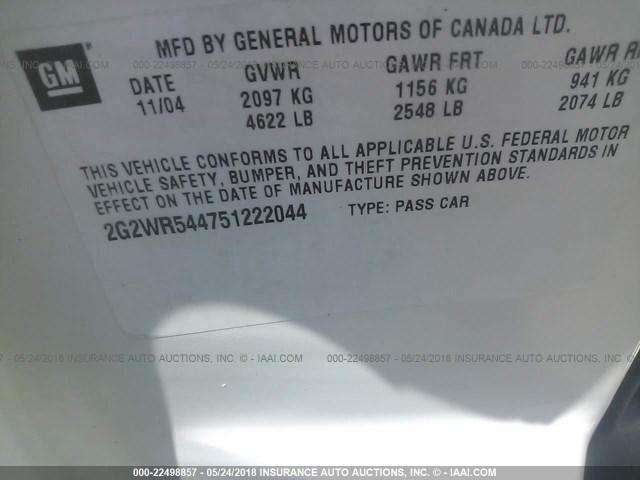 2G2WR544751222044 - 2005 PONTIAC GRAND PRIX GTP თეთრი ფოტო 9