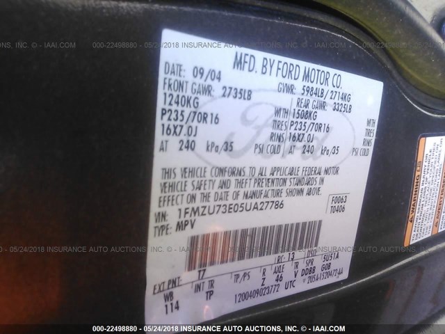 1FMZU73E05UA27786 - 2005 FORD EXPLORER XLT/XLT SPORT/NBX 棕色 照片 9