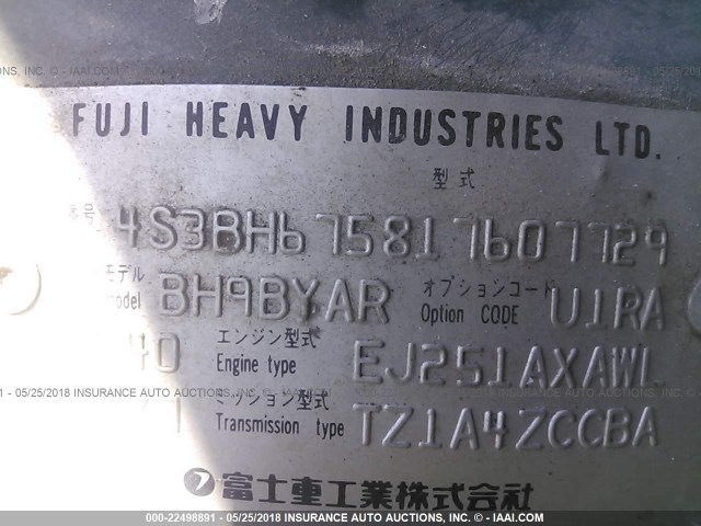 4S3BH675817607729 - 2001 SUBARU LEGACY OUTBACK AWP 绿色 照片 9