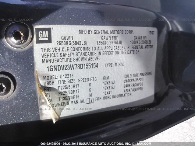 1GNDV23W78D155154 - 2008 CHEVROLET UPLANDER LS GRAY photo 9