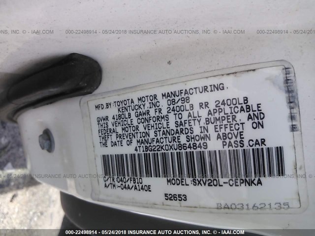 4T1BG22K0XU864849 - 1999 TOYOTA CAMRY CE/LE/XLE 白色 照片 9