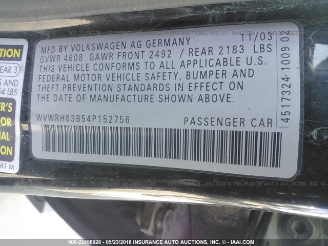 WVWRH63B54P152756 - 2004 VOLKSWAGEN PASSAT GLX 黑色 照片 9