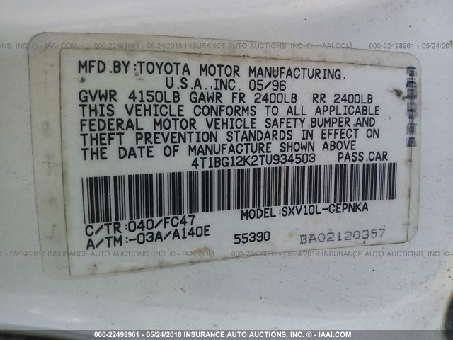 4T1BG12K2TU934503 - 1996 TOYOTA CAMRY DX/LE/XLE WHITE photo 9