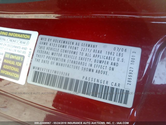 WVWEV71K37W039284 - 2007 VOLKSWAGEN NEW GTI RED photo 9