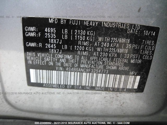 4S4BSANC9F3254773 - 2015 SUBARU OUTBACK 2.5I LIMITED SILVER photo 9