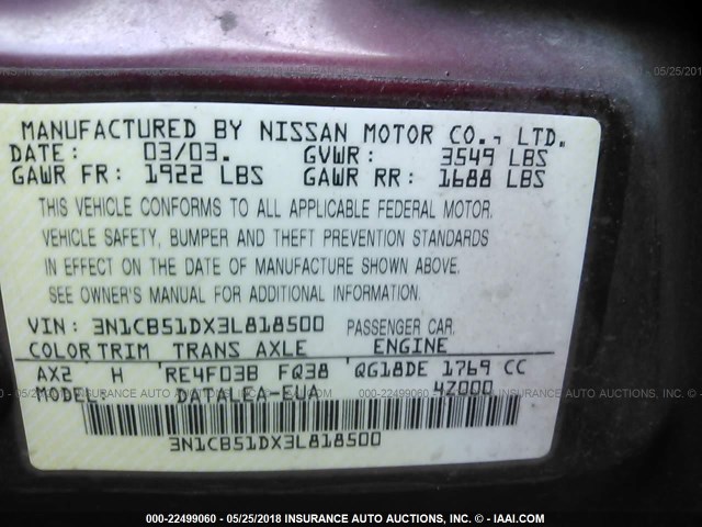 3N1CB51DX3L818500 - 2003 NISSAN SENTRA XE/GXE RED photo 9