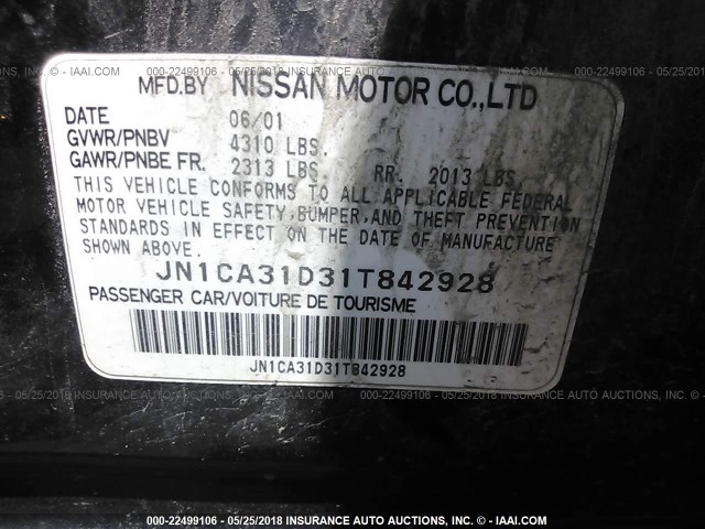 JN1CA31D31T842928 - 2001 NISSAN MAXIMA GXE/SE/GLE/20TH ANNIV BLACK photo 9