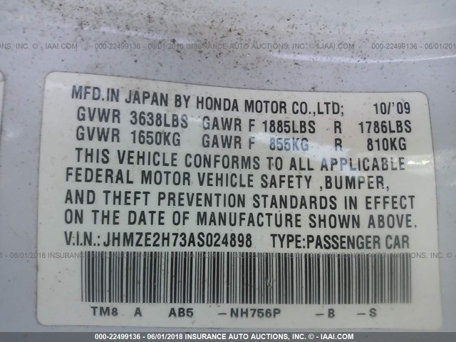 JHMZE2H73AS024898 - 2010 HONDA INSIGHT EX WHITE photo 9