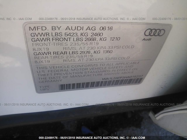 WA1L2AFP3HA015237 - 2017 AUDI Q5 PREMIUM PLUS WHITE photo 9