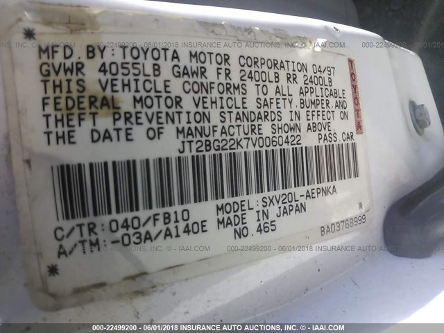 JT2BG22K7V0060422 - 1997 TOYOTA CAMRY LE/XLE WHITE photo 9