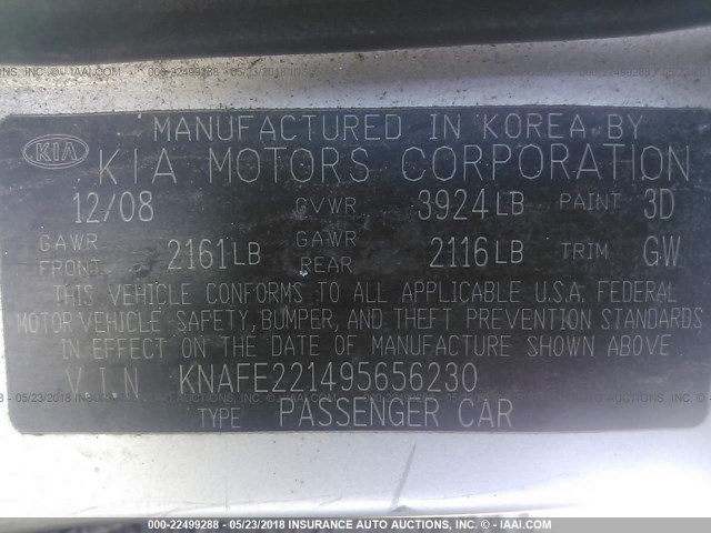 KNAFE221495656230 - 2009 KIA SPECTRA EX/LX/SX SILVER photo 9