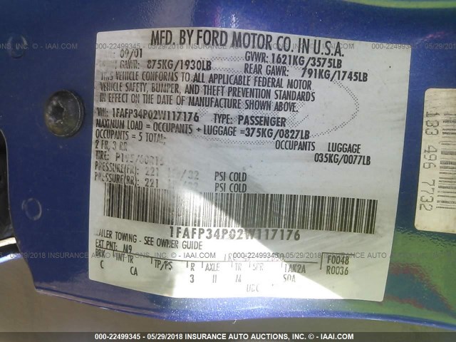 1FAFP34P02W117176 - 2002 FORD FOCUS SE/SE COMFORT BLUE photo 9