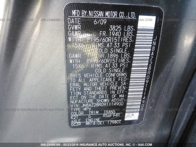 JN8AZ28R09T114900 - 2009 NISSAN CUBE S/SL GRAY photo 9