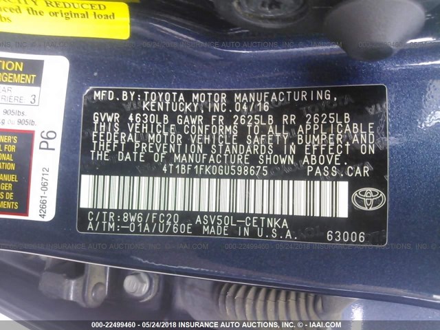 4T1BF1FK0GU598675 - 2016 TOYOTA CAMRY LE/XLE/SE/XSE 蓝色 照片 9