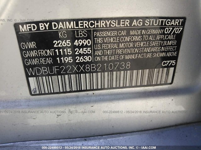 WDBUF22XX8B210738 - 2008 MERCEDES-BENZ E 320 CDI SILVER photo 9