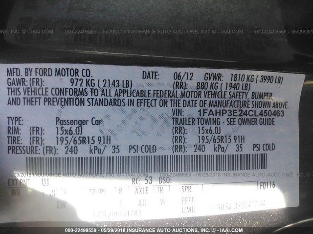 1FAHP3E24CL450463 - 2012 FORD FOCUS S GRAY photo 9