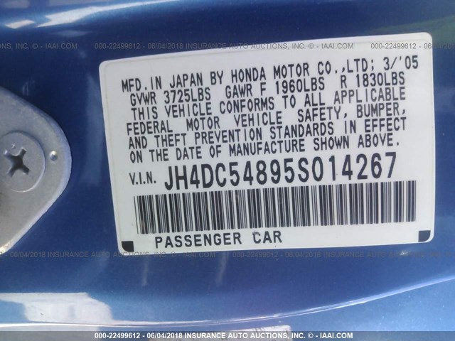 JH4DC54895S014267 - 2005 ACURA RSX BLUE photo 9