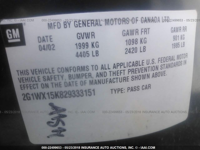 2G1WX15K829333151 - 2002 CHEVROLET MONTE CARLO SS 黑色 照片 9