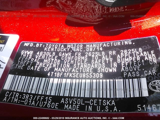 4T1BF1FK5EU855309 - 2014 TOYOTA CAMRY L/SE/LE/XLE 红色 照片 9