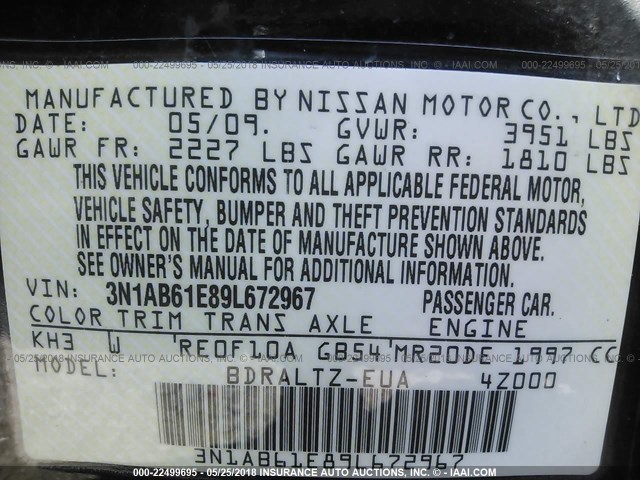 3N1AB61E89L672967 - 2009 NISSAN SENTRA 2.0/2.0S/2.0SL BLACK photo 9