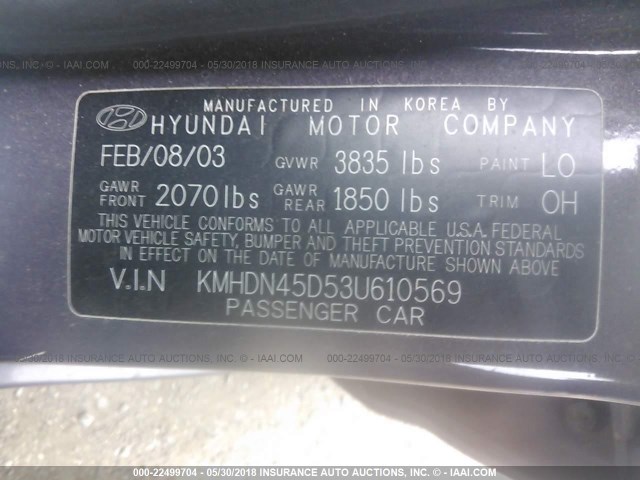 KMHDN45D53U610569 - 2003 HYUNDAI ELANTRA GLS/GT GRAY photo 9