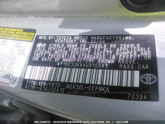 4T1BE32KX4U915541 - 2004 TOYOTA CAMRY LE/XLE/SE 银色 照片 9