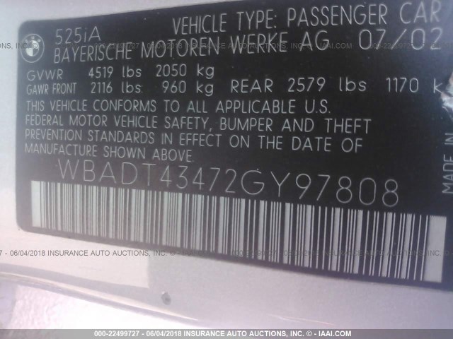 WBADT43472GY97808 - 2002 BMW 525 I AUTOMATIC SILVER photo 9