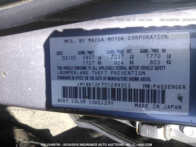 JM1BK12F751299353 - 2005 MAZDA 3 I GRAY photo 9