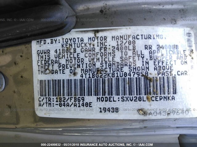 4T1BG22K81U047958 - 2001 TOYOTA CAMRY CE/LE/XLE 灰色 照片 9