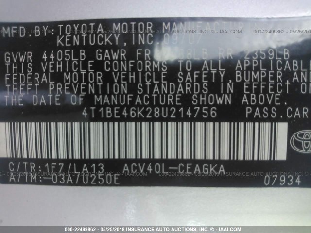 4T1BE46K28U214756 - 2008 TOYOTA CAMRY CE/LE/XLE/SE SILVER photo 9