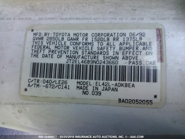 JT2EL46B9N0243660 - 1992 TOYOTA TERCEL STD WHITE photo 9