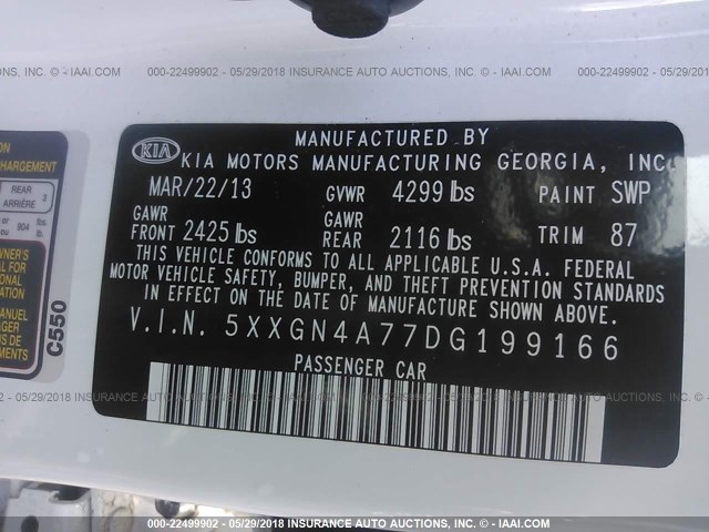 5XXGN4A77DG199166 - 2013 KIA OPTIMA EX WHITE photo 9