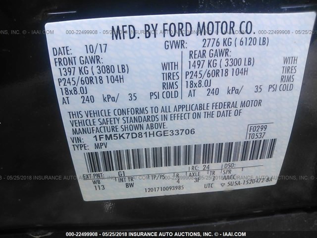 1FM5K7D81HGE33706 - 2017 FORD EXPLORER XLT შავი ფოტო 9