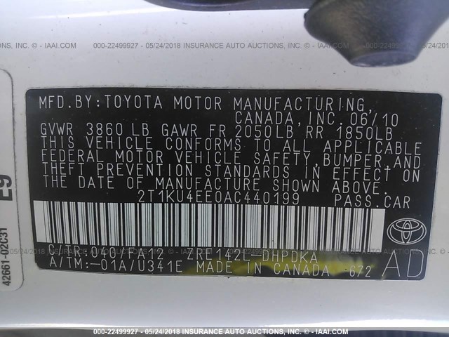 2T1KU4EE0AC440199 - 2010 TOYOTA COROLLA MATRIX  WHITE photo 9