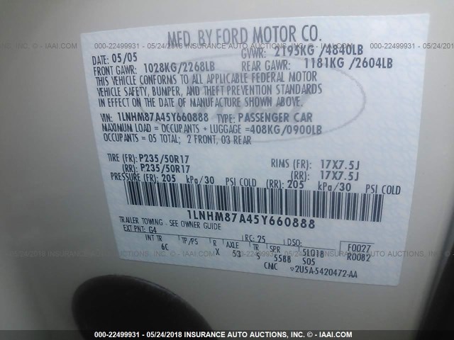 1LNHM87A45Y660888 - 2005 LINCOLN LS 白色 照片 9