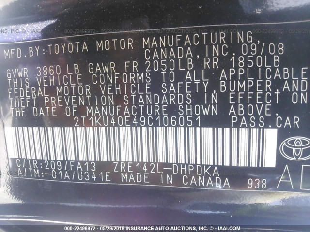 2T1KU40E49C106051 - 2009 TOYOTA COROLLA MATRIX  BLACK photo 9