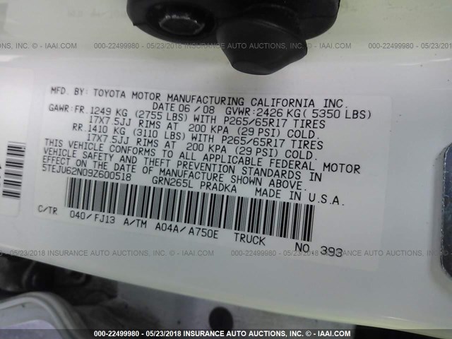 5TEJU62N09Z600518 - 2009 TOYOTA TACOMA DOUBLE CAB PRERUNNER WHITE photo 9