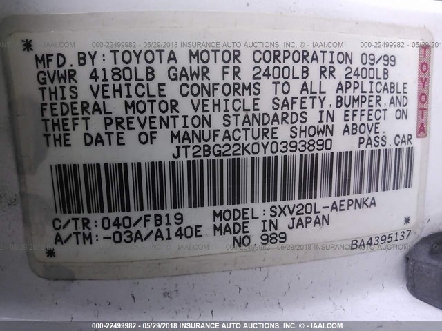 JT2BG22K0Y0393890 - 2000 TOYOTA CAMRY CE/LE/XLE WHITE photo 9