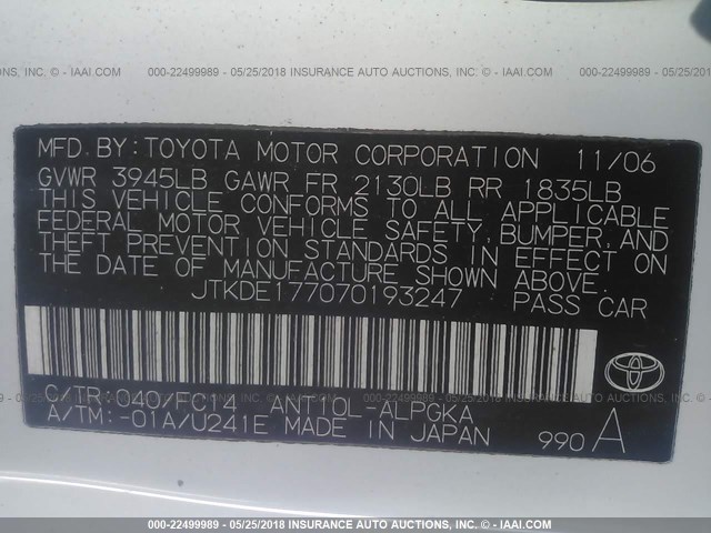 JTKDE177070193247 - 2007 TOYOTA SCION TC WHITE photo 9