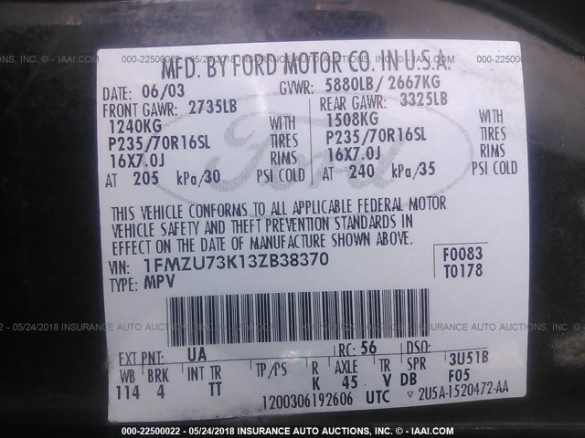 1FMZU73K13ZB38370 - 2003 FORD EXPLORER XLT/XLT SPORT/NBX 黑色 照片 9