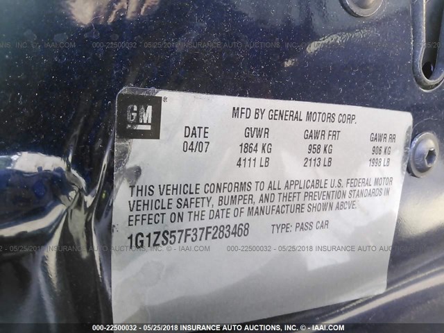 1G1ZS57F37F283468 - 2007 CHEVROLET MALIBU LS BLUE photo 9