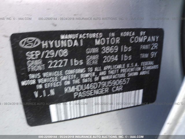 KMHDU46D79U590657 - 2009 HYUNDAI ELANTRA GLS/SE SILVER photo 9