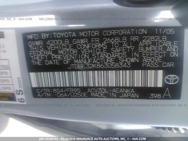 JTDBE32K863058343 - 2006 TOYOTA CAMRY LE/XLE BLUE photo 9