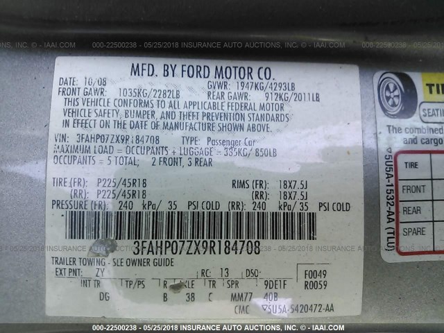 3FAHP07ZX9R184708 - 2009 FORD FUSION SE GRAY photo 9