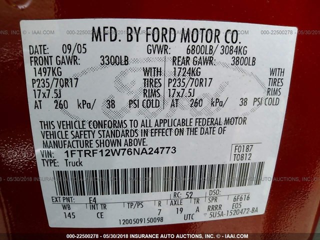 1FTRF12W76NA24773 - 2006 FORD F150 RED photo 9