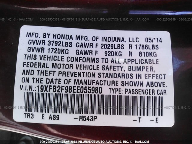 19XFB2F98EE055980 - 2014 HONDA CIVIC EXL 红色 照片 9