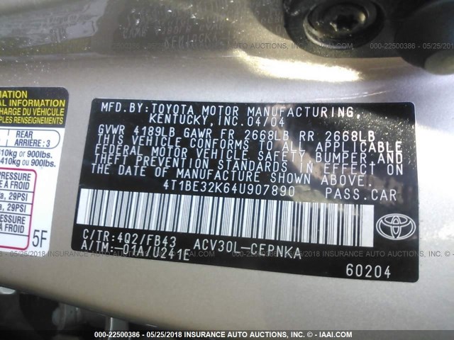 4T1BE32K64U907890 - 2004 TOYOTA CAMRY LE/XLE/SE შავი ფოტო 9